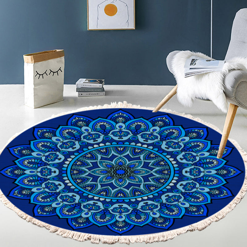 2X 90cm Round Mandala Polyester Rug Anti Slip Blue Living Room Bedroom