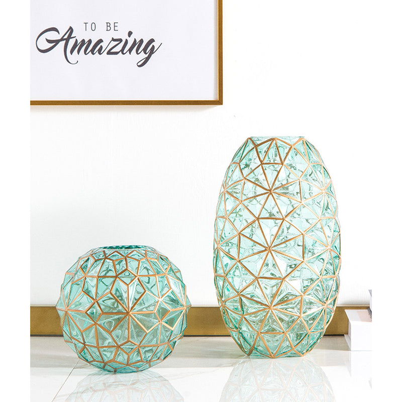 2X Green Diamond Cut Glass Vases Gold Accent Oval And Round Large And Medium