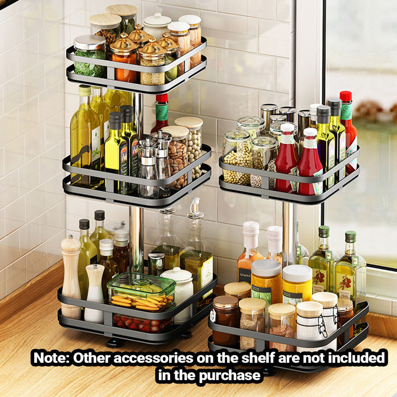 2X 2 Tier Carbon Steel Rotating Spice Rack Black 24x24x43.5cm Organizer