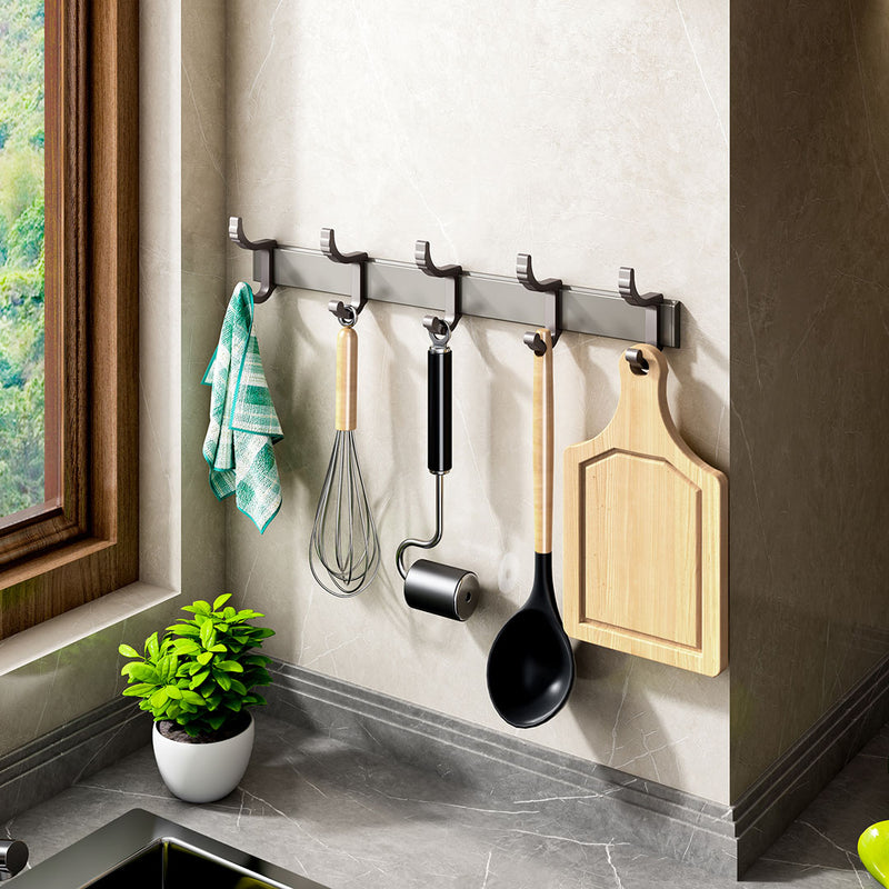 Wall Mounted Towel Rack Aluminum Black Space-Saving Waterproof Hooks 37cm