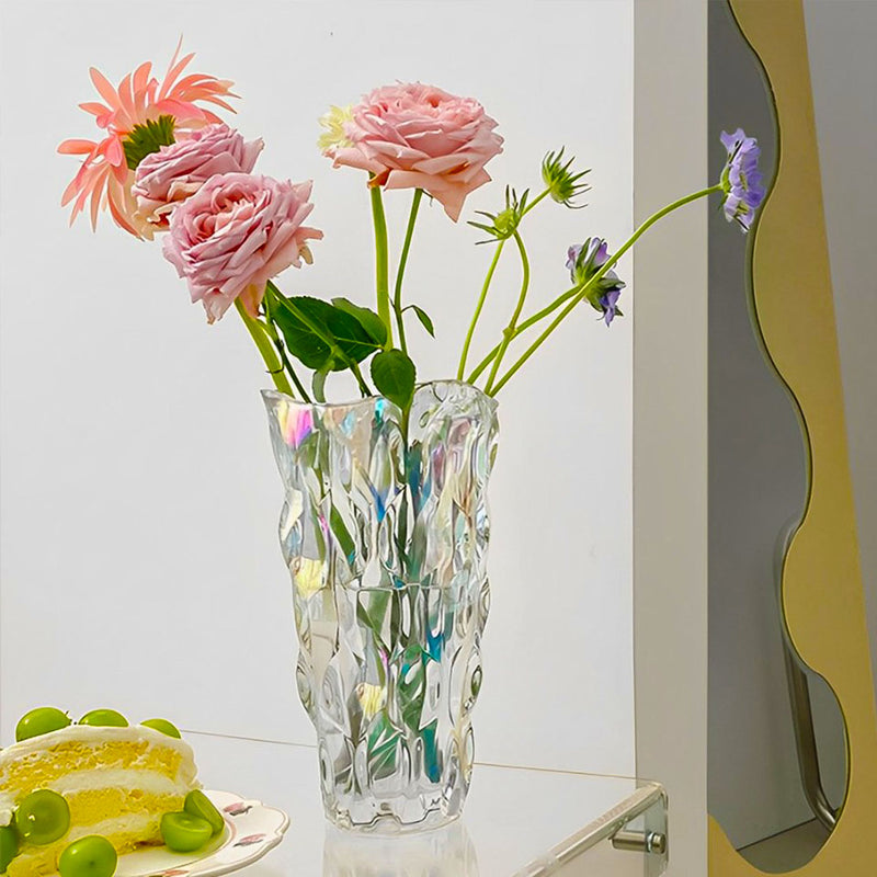 Hand Blown Thick Glass Vase 29cm Tall Slim Clear With Pink Hue