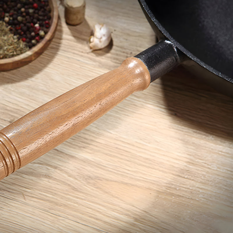 31cm Cast Iron Round Bottom Wok Skillet Preseasoned Wood Handle Black