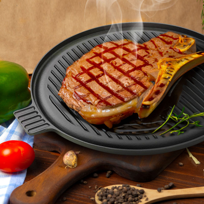 2X 43cm Round Ribbed Cast Iron Frying Pan Skillet Sizzle Platter With Handle