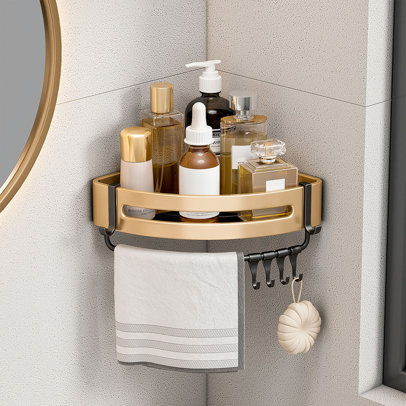 Gold Aluminum Bathroom Corner Shelf Organizer With Hooks Wall Mounted 24.5cm