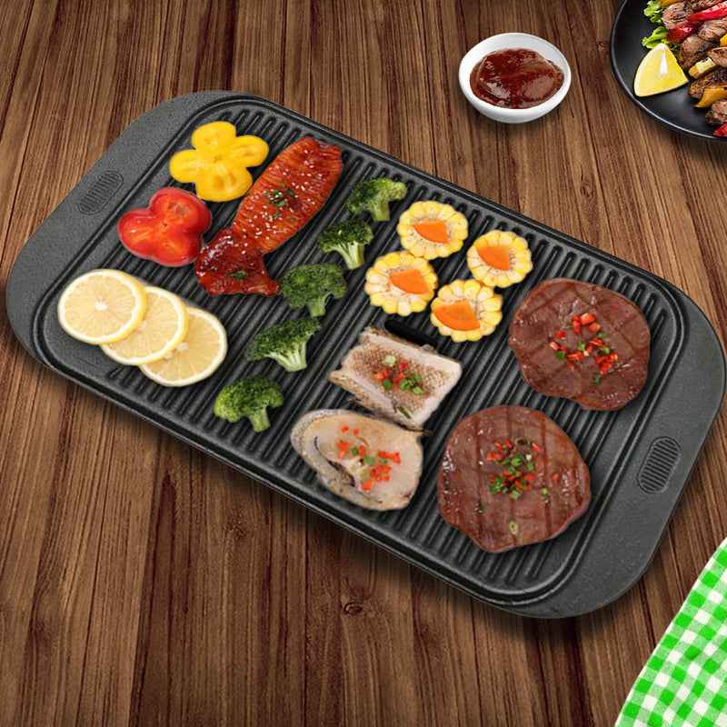 47cm Cast Iron Ridged Griddle Pan BBQ Stovetop Rectangular Non-Stick Surface