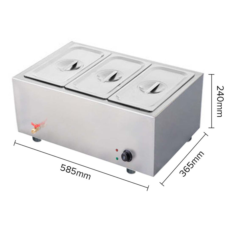 3 X 1/2 GN Pan Electric Bain Marie Stainless Steel 3L 150mm Deep Lid