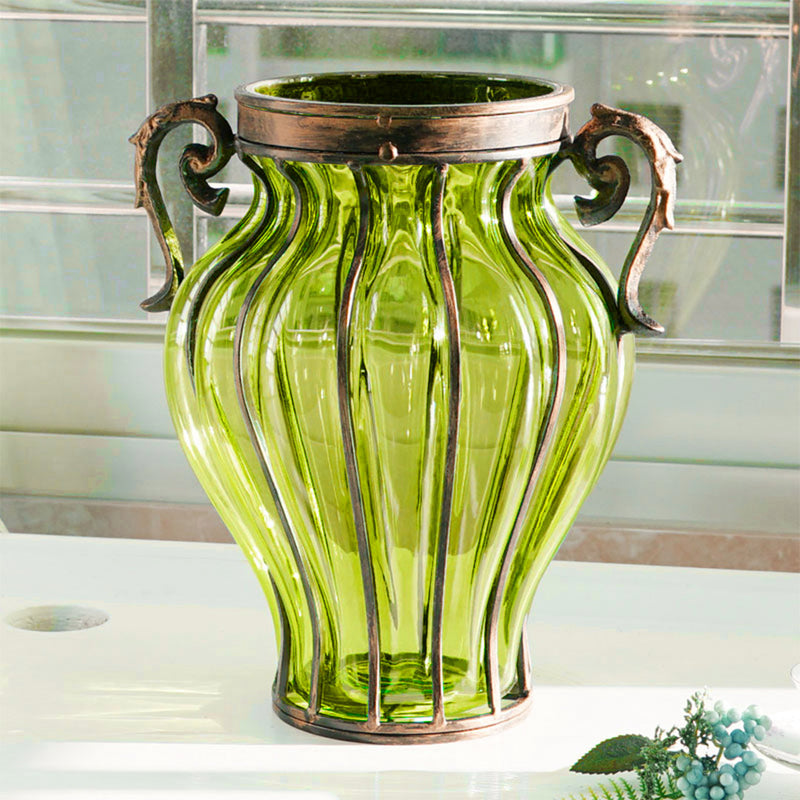 Green Glass Vase Gold Metal 16cm X 20cm X 35cm 4 Bunch 9 Heads Silk Roses