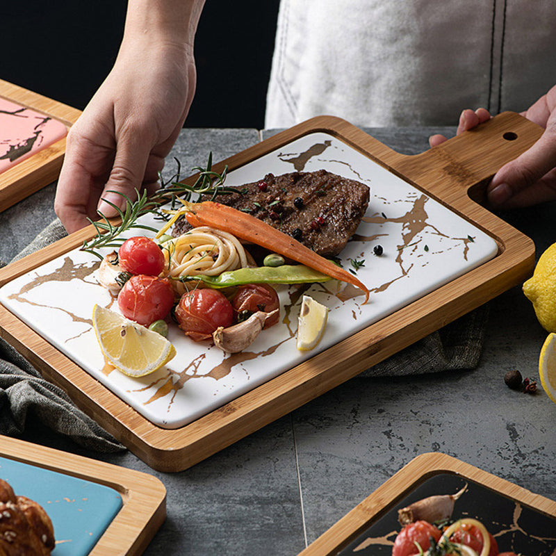 2X 33.5cm White Square Wooden Serving Tray With Removable Slate Center