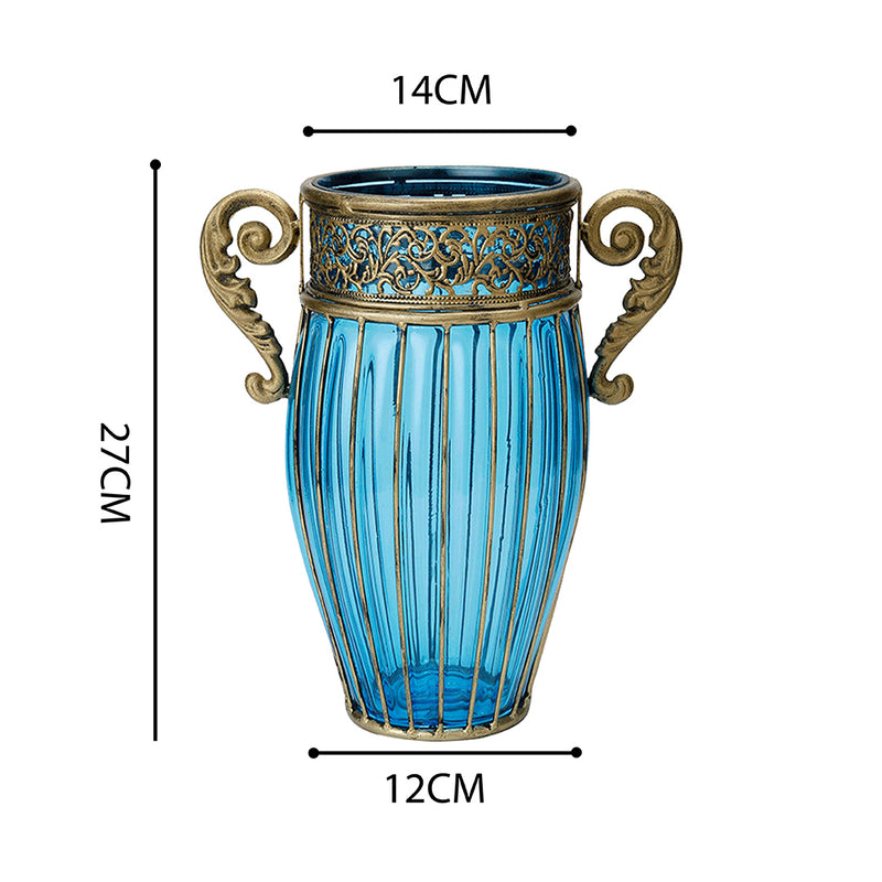 Blue Glass Flower Vase Two Gold Metal Handles 12x14x27cm European Decor