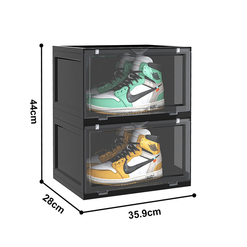 2 Tier Black Plastic Shoe Organizer Folding Stackable Box with Magnetic Door