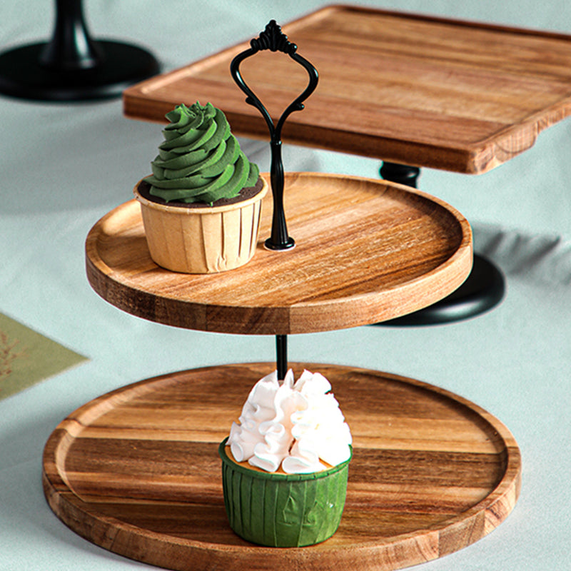 2 Tier Round Dessert Tray Acacia Wood 20cm Brown Serving Stand