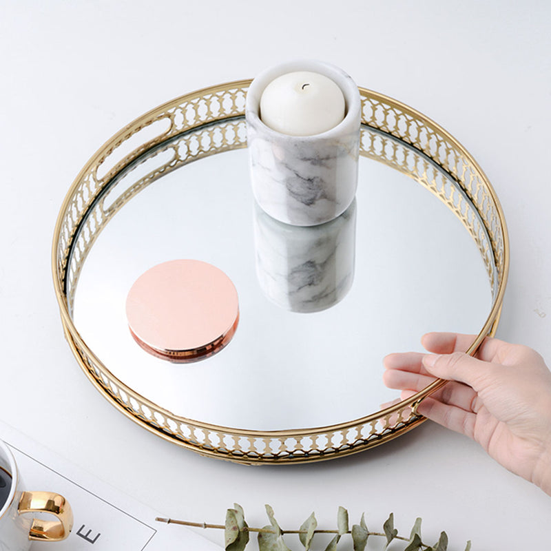 Gold 32cm Round Mirror Vanity Tray Glass Metal Makeup Jewelry Organizer