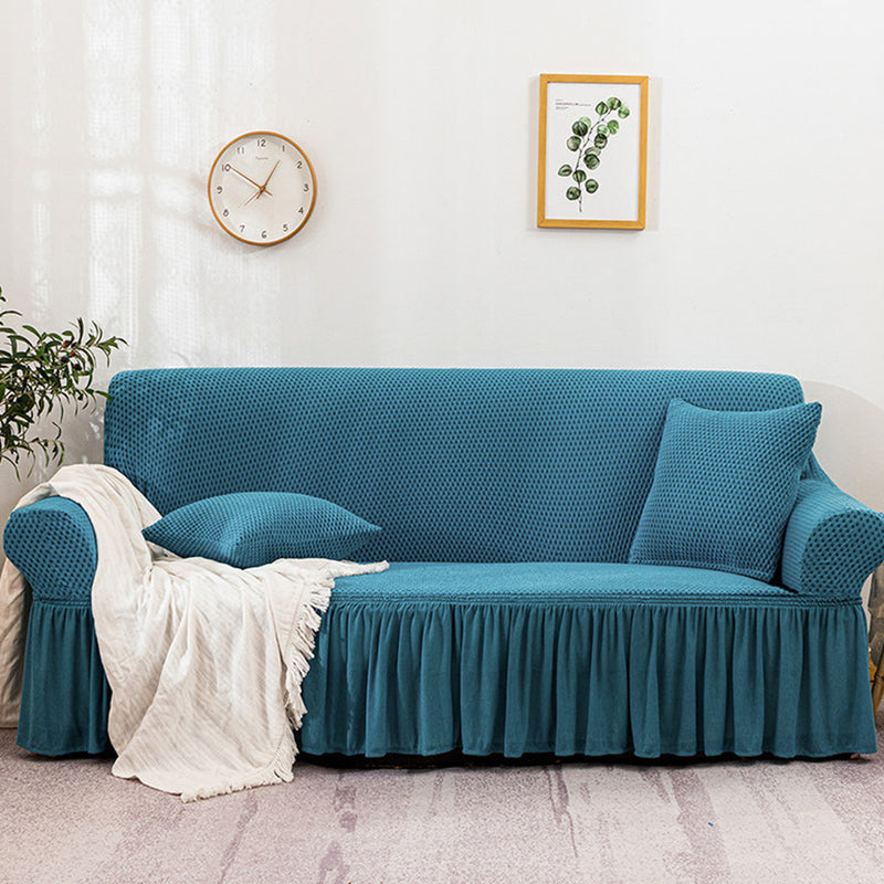 4-Seater Blue Sofa Cover Ruffled Skirt Stretch Couch Protector Polyester