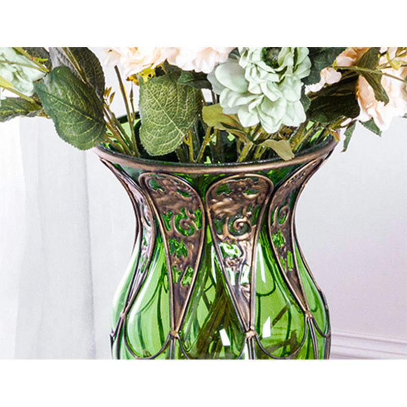 85cm Green Glass Floor Vase Gold Base With 12pcs Dark Pink Artificial Flowers