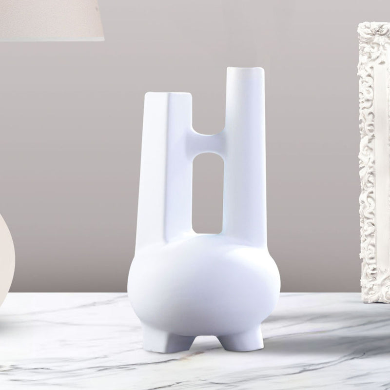 2X Ceramic Matte Geometric Vase Double Tube Sculpture White 20.5x36.5Cm