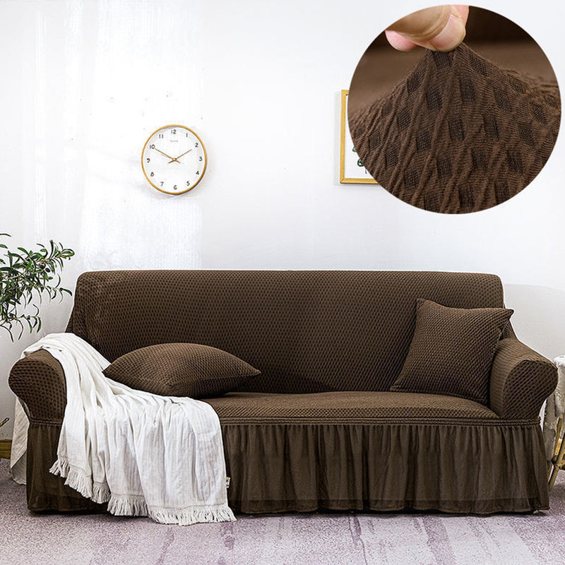 4 Seater Polyester Sofa Slipcover Ruffled Skirt Stretch Protector Coffee