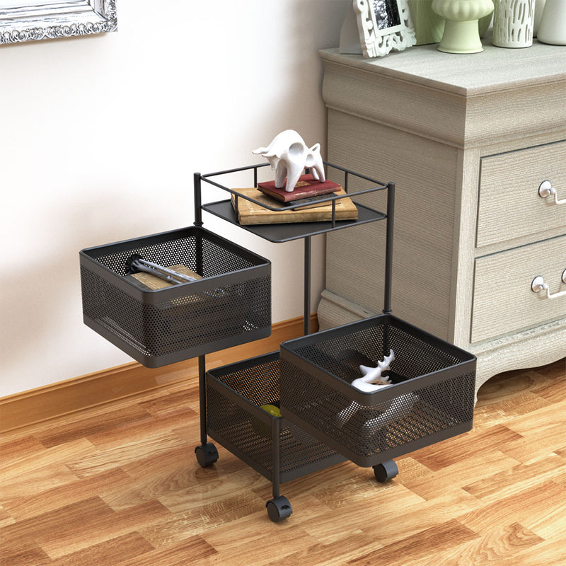 3 Tier Carbon Steel Rotating Kitchen Cart 29x28x65cm Black With Locking Wheels