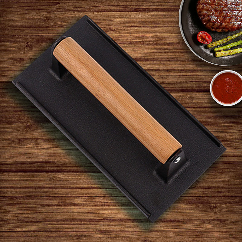 Cast Iron Meat Bacon Steak Press Grill BBQ Wood Handle Non-Stick 20cm 0.9kg