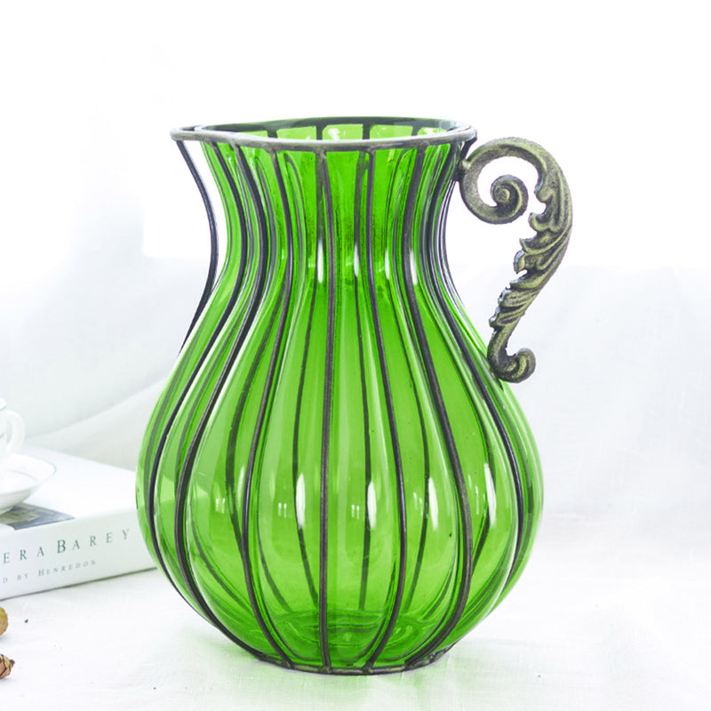 Green Glass And Gold Metal Vase 16x29cm 4 Bunch 9 Heads Silk Roses 50cm