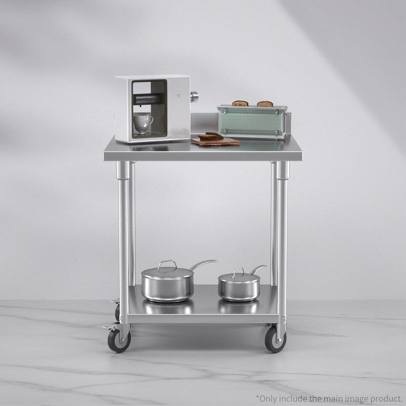 Stainless Steel Prep Workbench 800x700x850mm 200kg Backsplash Locking Castors