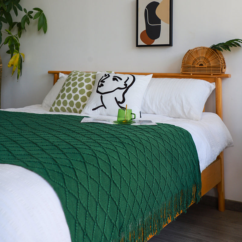 Green Knitted Throw Blanket 130x230cm Diamond Pattern Acrylic With Tassels