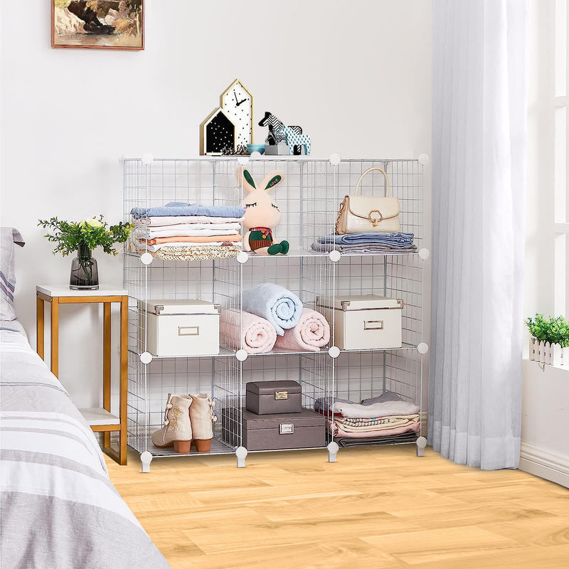 2X White 9 Cube Wire Mesh Storage Organizer Modular Portable 110x37x113cm