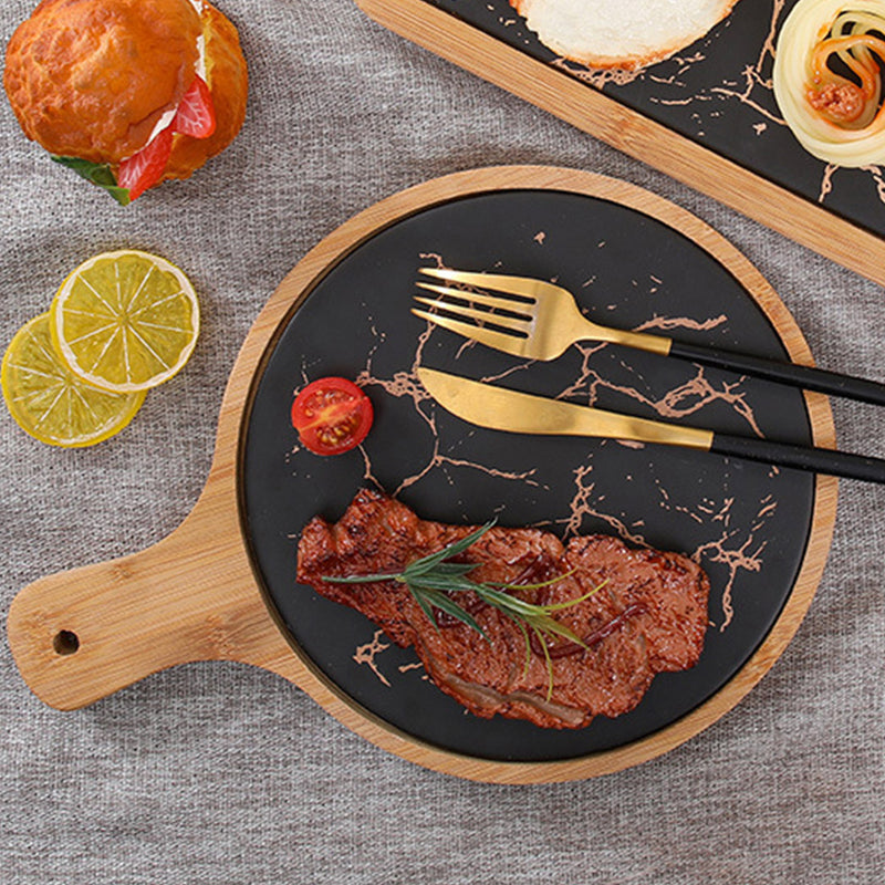 2X 30cm Black Round Wooden Serving Tray Removable Slate Insert