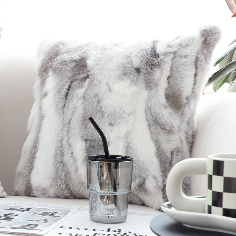 45cm Rabbit Fur Throw Pillow Floral Gray Square Plush Cozy Decorative