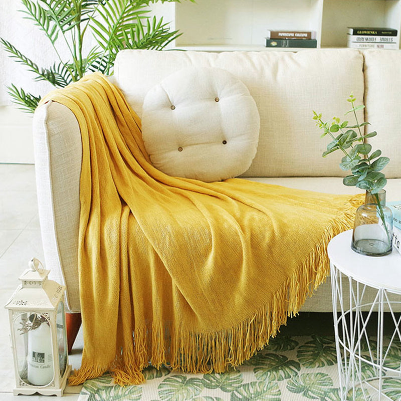 Yellow Acrylic Knitted Throw Blanket 130cmx220cm Fringed Cozy Decor