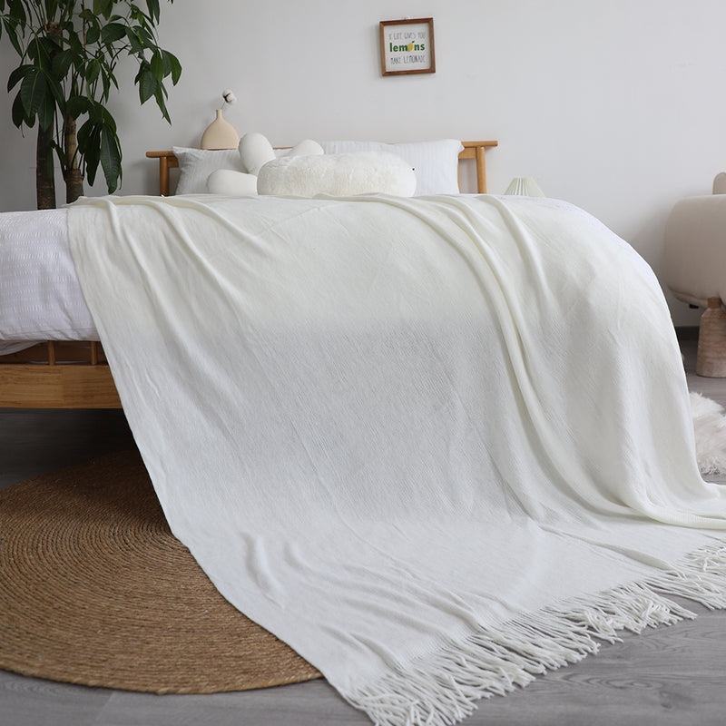 White Acrylic Knitted Throw Blanket 130x220cm Fringed Cozy Woven