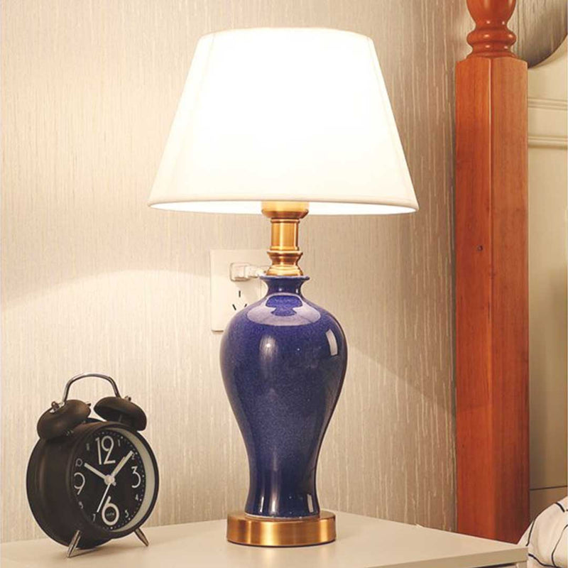 Blue Ceramic Oval Table Lamp With Gold Metal Base Drum Shade 46cm