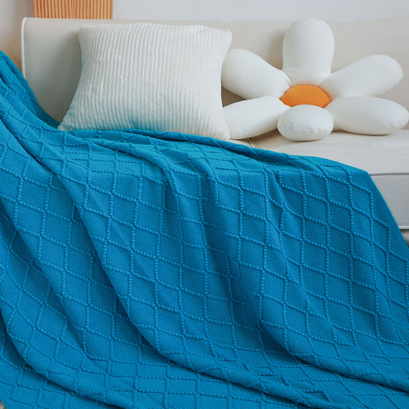 Blue Knitted Throw Blanket 100 Percent Acrylic Diamond Pattern Tassels Home Decor