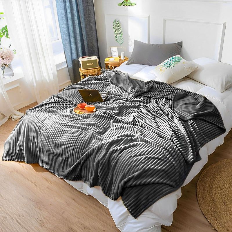 Grey Flannel Polyester Throw Blanket Warm Cozy Striped Lightweight Sofa Bed