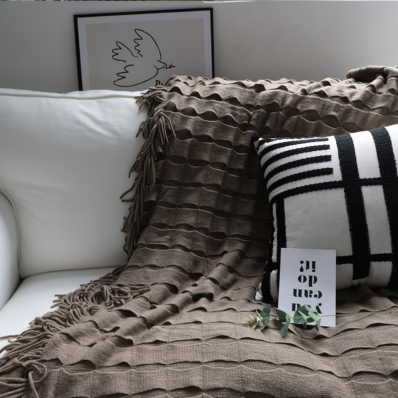 Textured Knitted Throw Blanket 100% Acrylic 130x170cm Coffee Tassels