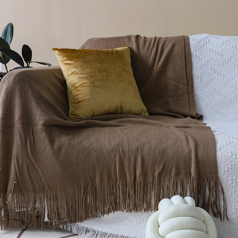 2X Acrylic Knitted Throw Blanket 130cmx220cm Fringed Cozy Coffee