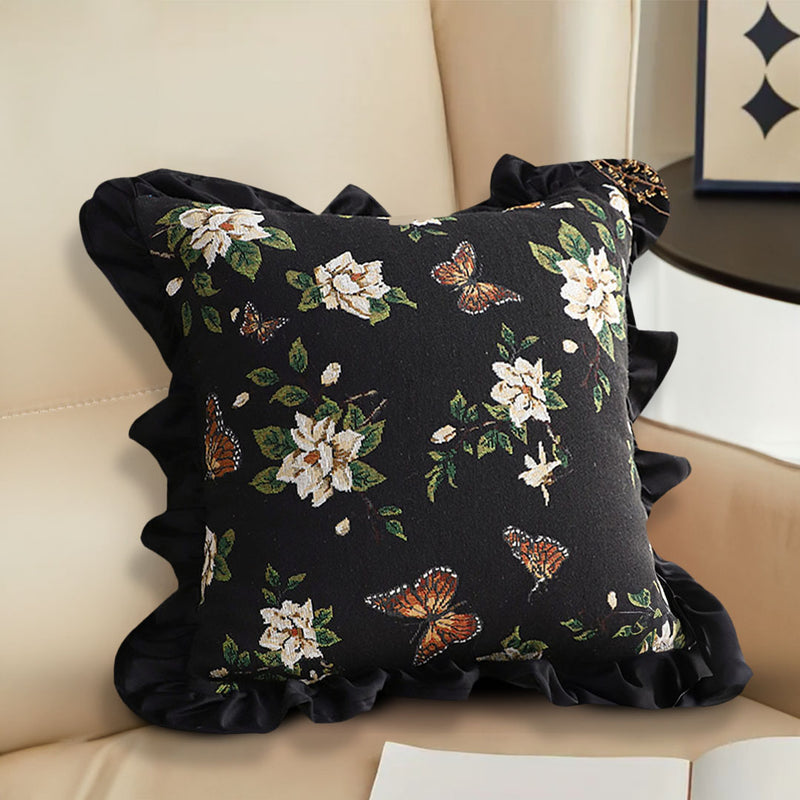 2X 45cm Square Plush Velvet Embroidered Butterfly Throw Pillow Black