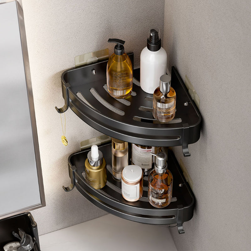 2X Black Aluminum Wall Mounted Bathroom Corner Storage Rack with Hooks