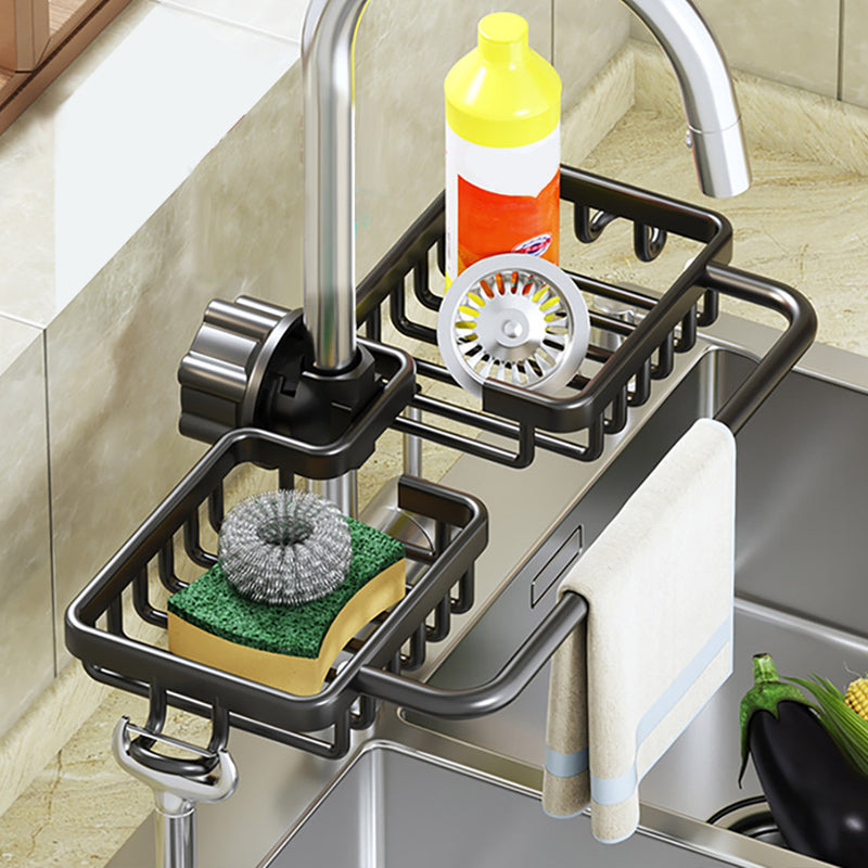 2X Kitchen Faucet Organizer Aluminum Rack With Towel Bar Black 37.5x16x6.8cm