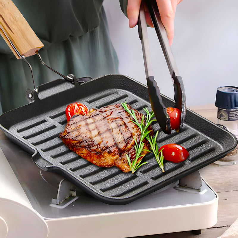 Cast Iron Square Grill Pan 24cm Ribbed Steak Skillet Folding Wooden Handle