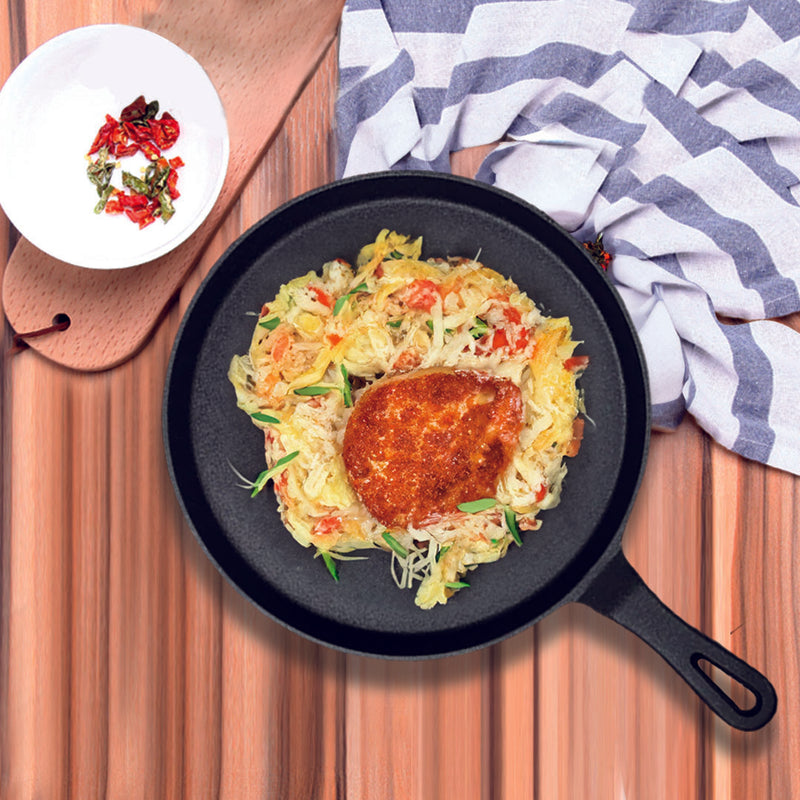 26cm Round Cast Iron Skillet Frying Pan Non-Stick Griddle Black