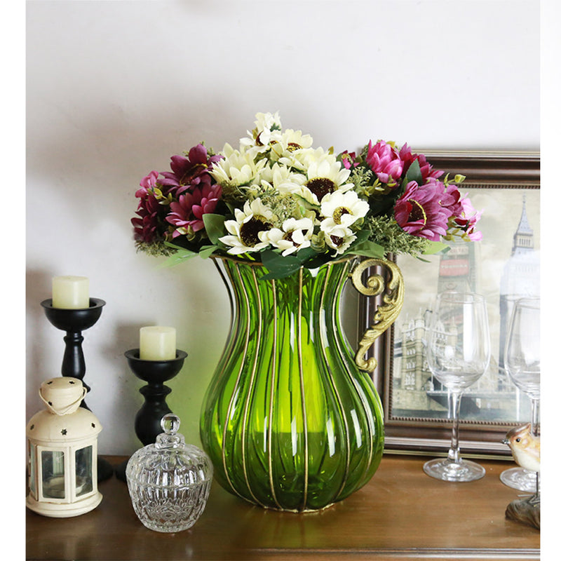 Green Glass Flower Vase 16cm x 29cm Gold Metal Handle Home Decor
