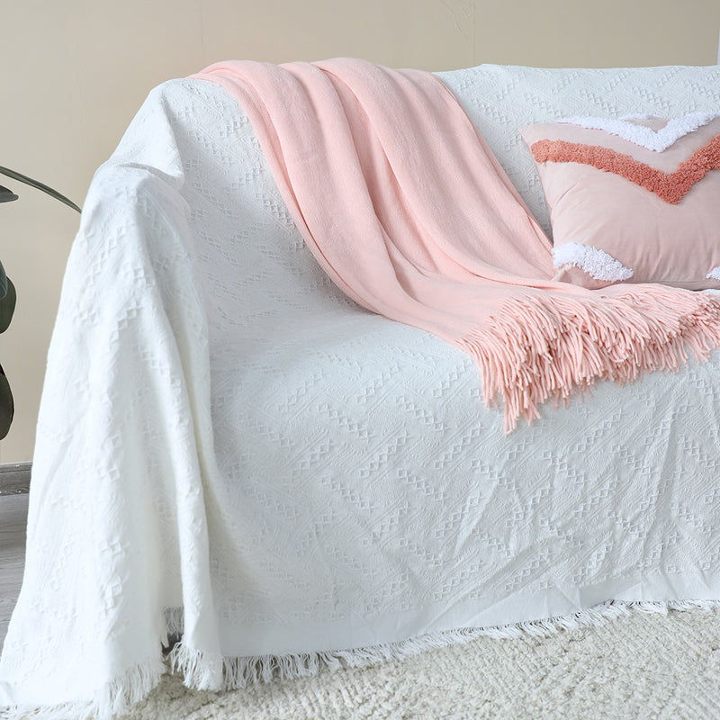 Pink Acrylic Knitted Throw Blanket 130x220cm Fringed Cozy Home Decor