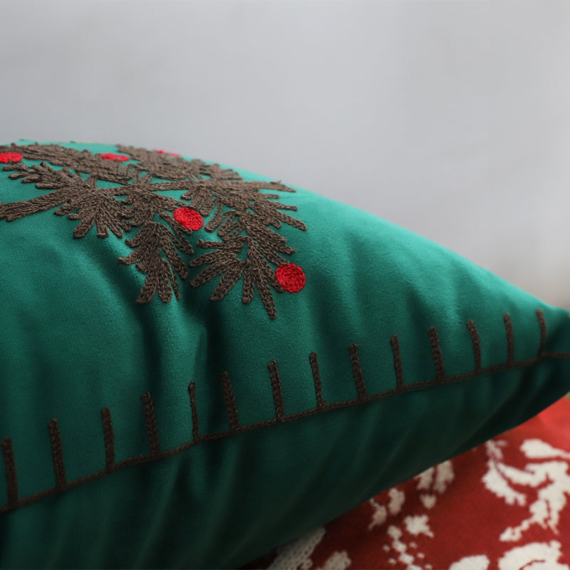 Square Throw Pillow Plush Polyester 45x45cm Embroidered Christmas Trees Green