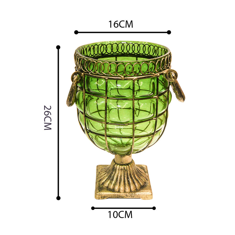 Green Glass Jar Flower Vase Solid Base Metal Handle 10x16x26cm Home Decor