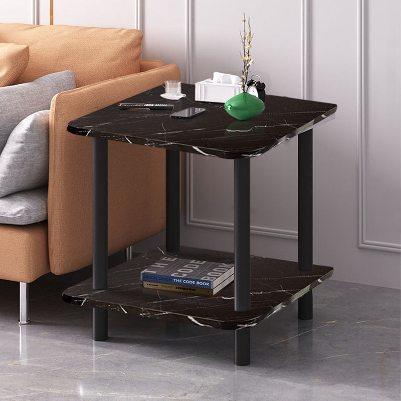 2X 60cm Square Black Ceramic Side Table Stone Pattern Black Metal Legs