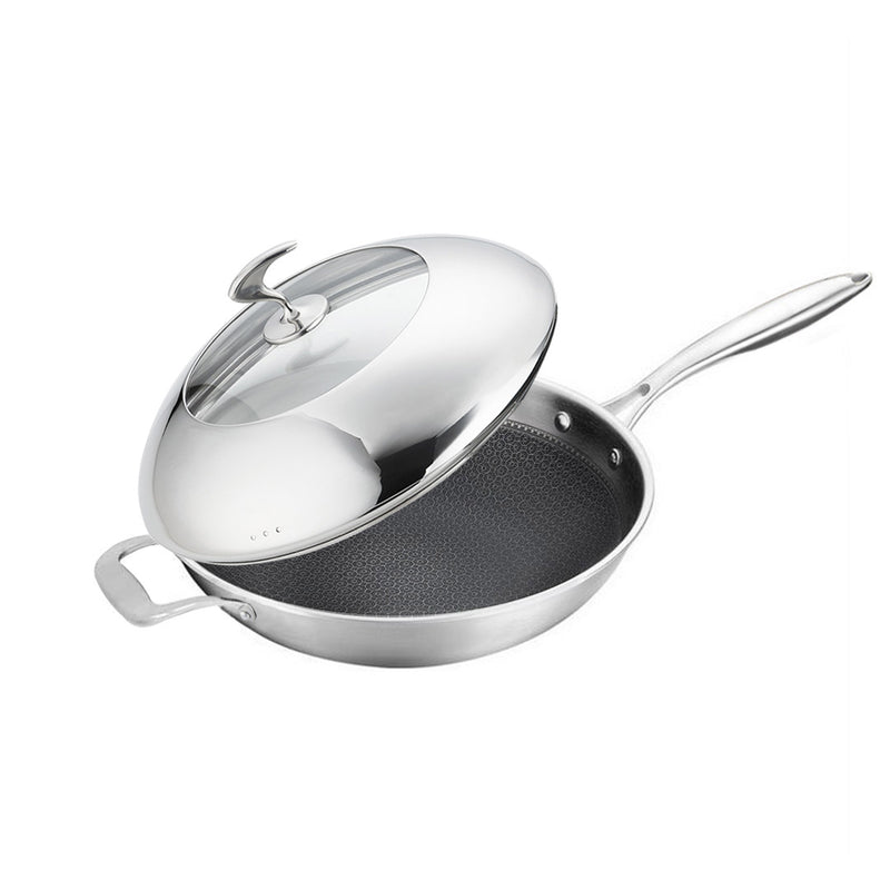 Stainless Steel Fry Pan 32cm Non Stick Skillet Helper Handle Lid Induction Safe