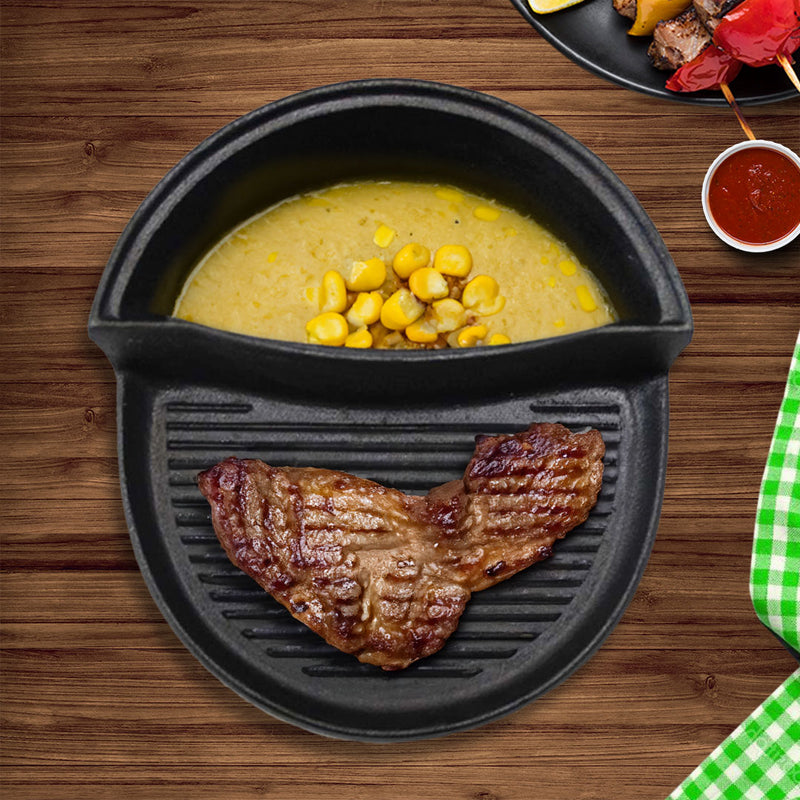 2 In 1 Cast Iron Skillet Griddle BBQ Steamboat Pot Non-Stick 23cm Black