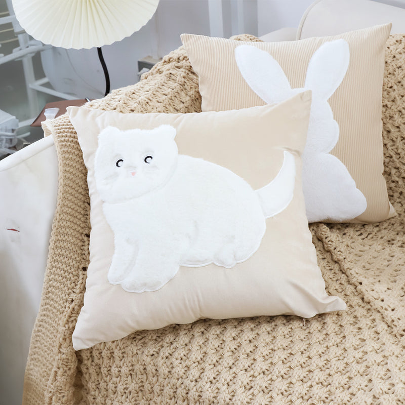 2X Light Tan Square Throw Pillow 45cm Soft White Cat Design Decorative Cushion