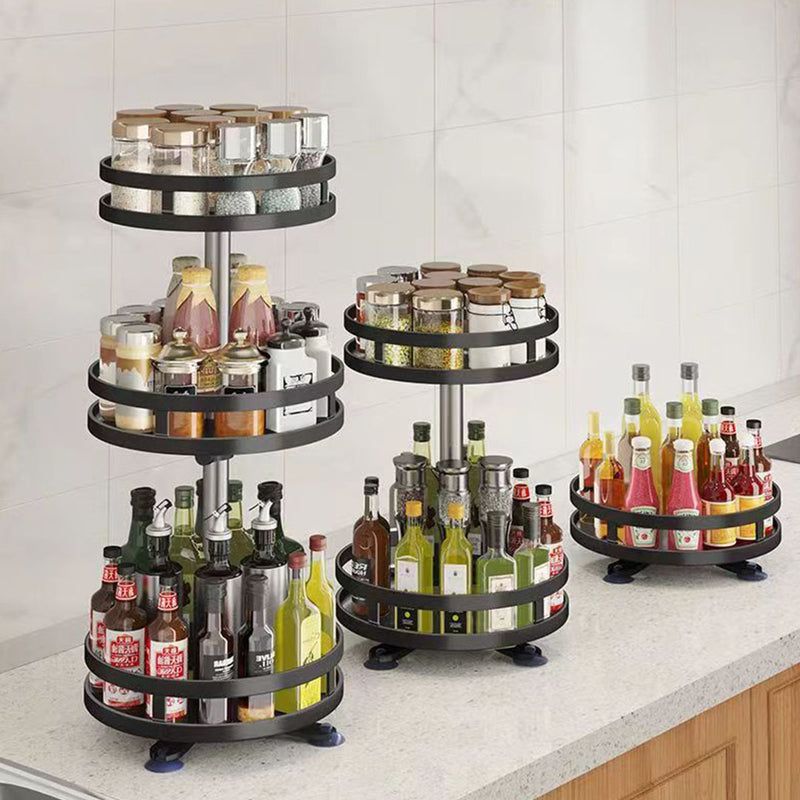 2 Tier Black Round Rotating Kitchen Spice Rack Carbon Steel Organizer Shelf
