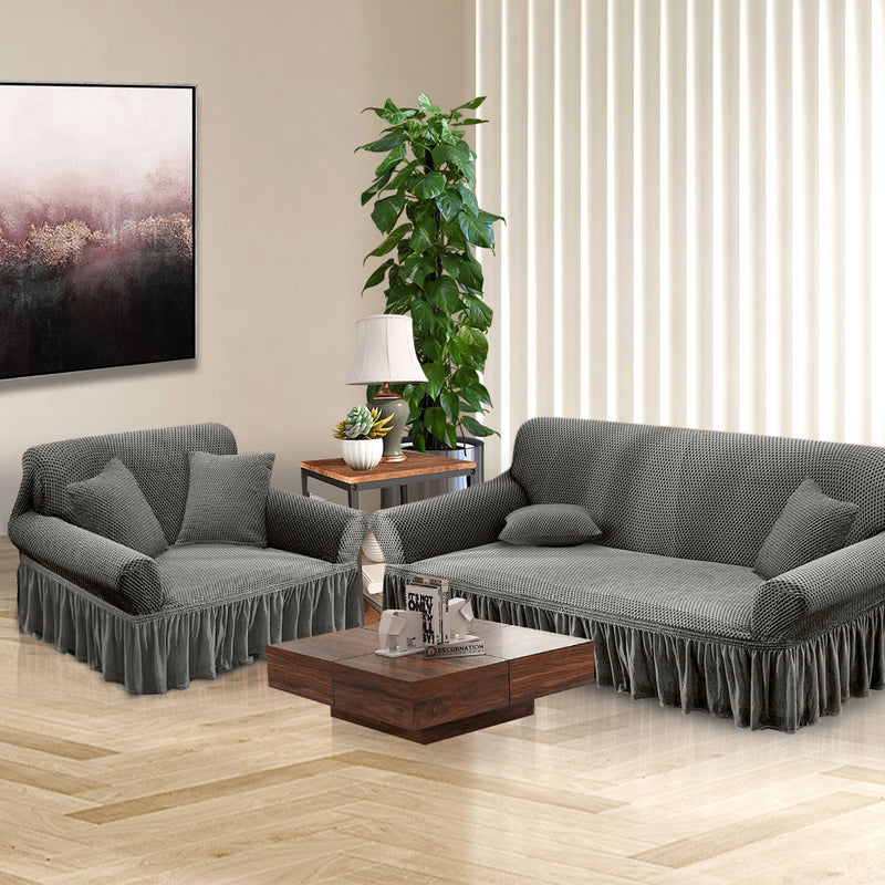 2 Seater Grey Sofa Cover Ruffled Skirt Stretchy Couch Protector Slipcover